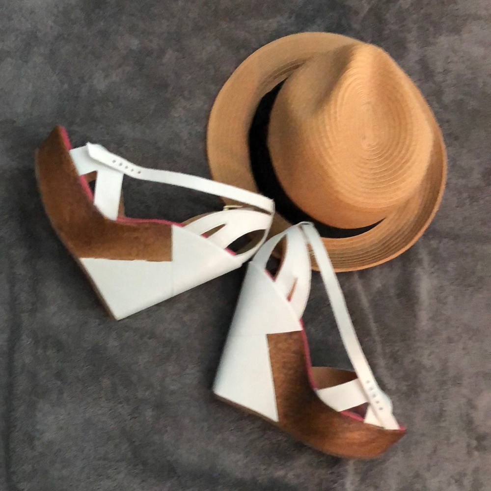 White, beige with pink accents wedge sandals